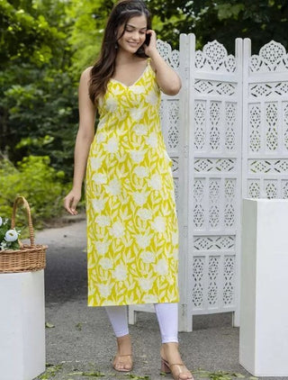 NOZ2TOZ Women's Floral Printed Knee Length V Neck Sleeveless Rayon Kurti - Yellow - Distacart