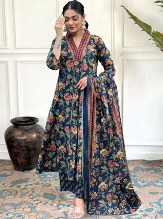 NOZ2TOZ Women Floral Printed Calf Length Flared Anarkali And Palazzo With Printed Dupatta - Blue - Distacart