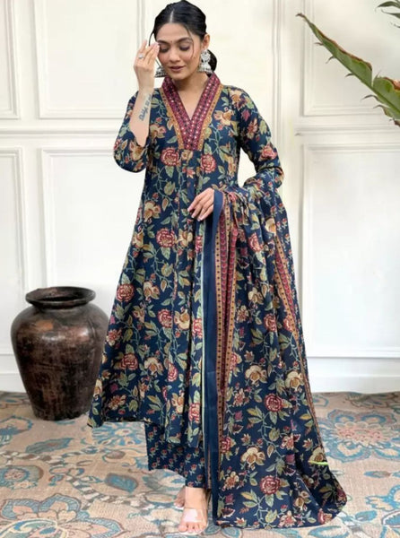 NOZ2TOZ Women Floral Printed Calf Length Flared Anarkali And Palazzo With Printed Dupatta - Blue - Distacart