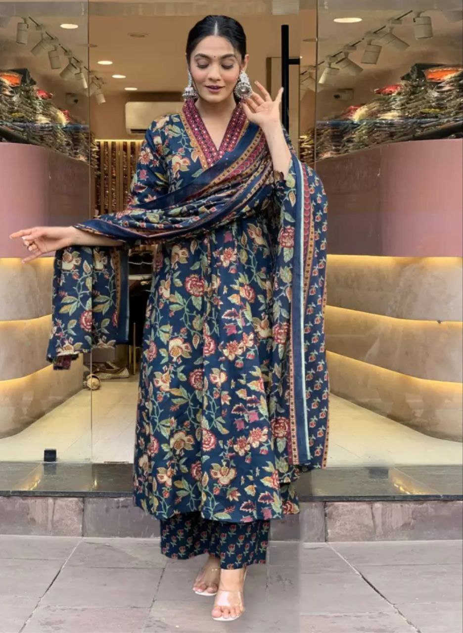 NOZ2TOZ Women Floral Printed Calf Length Flared Anarkali And Palazzo With Printed Dupatta - Blue - Distacart