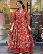 Thumbnail for NOZ2TOZ Women Floral Printed Calf Length Flared Anarkali And Palazzo With Printed Dupatta - Maroon - Distacart