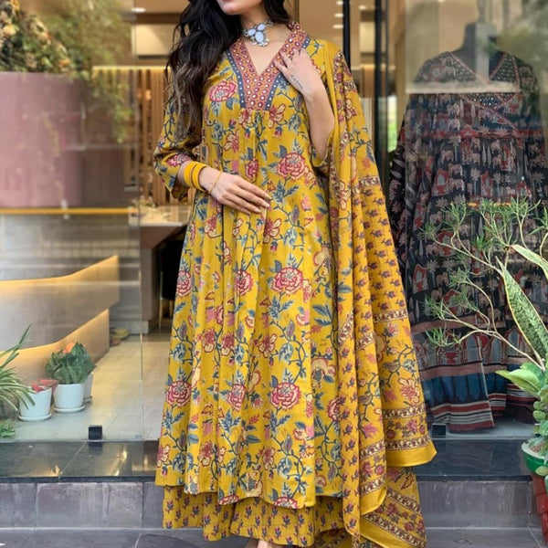 NOZ2TOZ Women Floral Printed Calf Length Flared Anarkali And Palazzo With Printed Dupatta - Mustard - Distacart