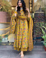 Thumbnail for NOZ2TOZ Women Floral Printed Calf Length Flared Anarkali And Palazzo With Printed Dupatta - Mustard - Distacart