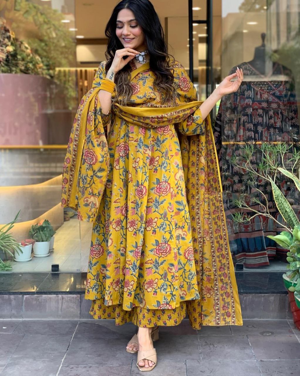 NOZ2TOZ Women Floral Printed Calf Length Flared Anarkali And Palazzo With Printed Dupatta - Mustard - Distacart