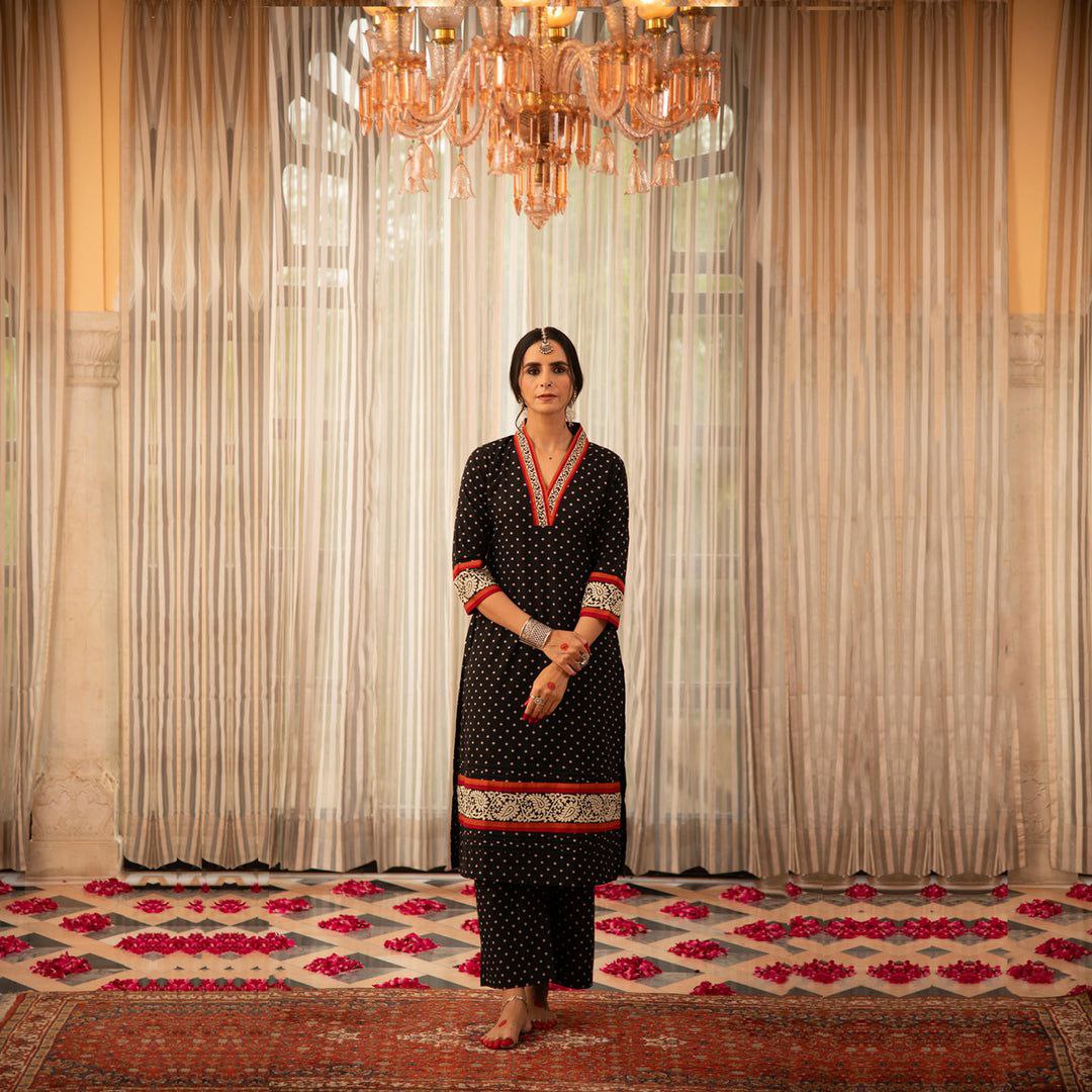 NOZ2TOZ Women's Bandhani Design Printed Calf Length Black Kurti And Palazzo Set - Black - Distacart