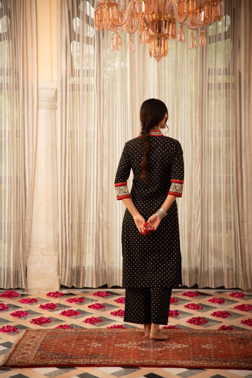 NOZ2TOZ Women's Bandhani Design Printed Calf Length Black Kurti And Palazzo Set - Black - Distacart