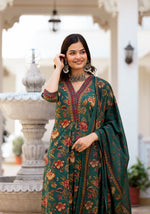Thumbnail for NOZ2TOZ Women's Knee Length Flared Anarkali Kurti And Pant Set With Printed Dupatta - Green - Distacart