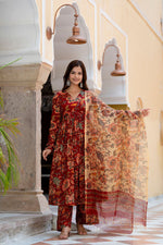 Thumbnail for NOZ2TOZ Women's Floral Printed Flared Anarkali Kurti And Palazzo Set With Printed Dupatta - Maroon - Distacart