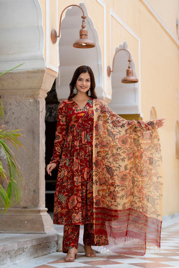NOZ2TOZ Women's Floral Printed Flared Anarkali Kurti And Palazzo Set With Printed Dupatta - Maroon - Distacart