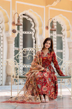 Thumbnail for NOZ2TOZ Women's Floral Printed Flared Anarkali Kurti And Palazzo Set With Printed Dupatta - Maroon - Distacart