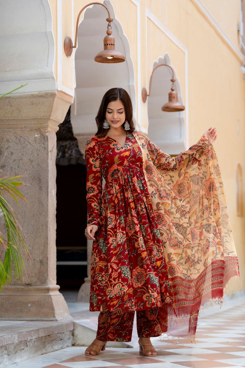 NOZ2TOZ Women's Floral Printed Flared Anarkali Kurti And Palazzo Set With Printed Dupatta - Maroon - Distacart