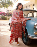 Thumbnail for NOZ2TOZ Women Floral Printed Knee Length V Neck Rayon Kurti And Pant Set With Printed Dupatta - Maroon - Distacart