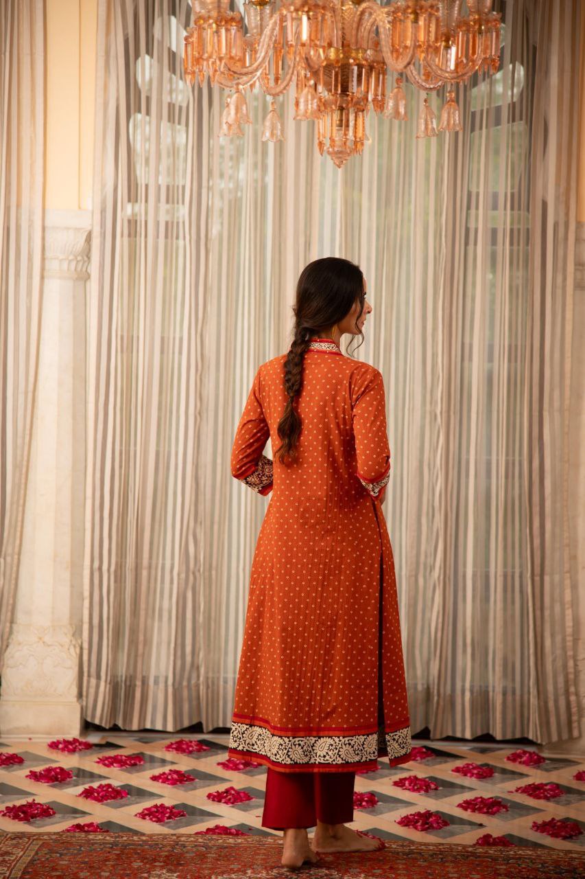 NOZ2TOZ Women's Printed Knee Length V Neck Rayon Kurti And Pant Set - Orange - Distacart