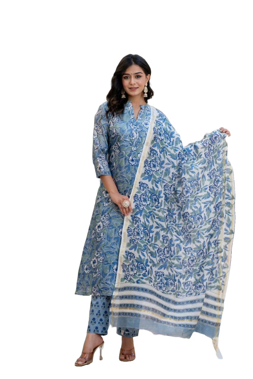 NOZ2TOZ Women's Floral Printed Knee Length Rayon Kurti And Pant Set With Printed Dupatta - Sky - Distacart