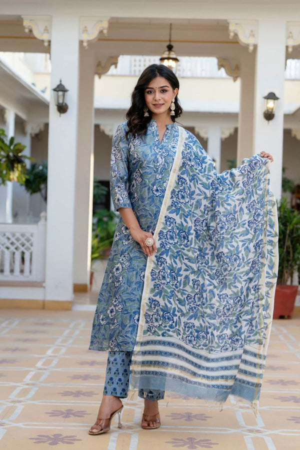 NOZ2TOZ Women's Floral Printed Knee Length Rayon Kurti And Pant Set With Printed Dupatta - Sky - Distacart