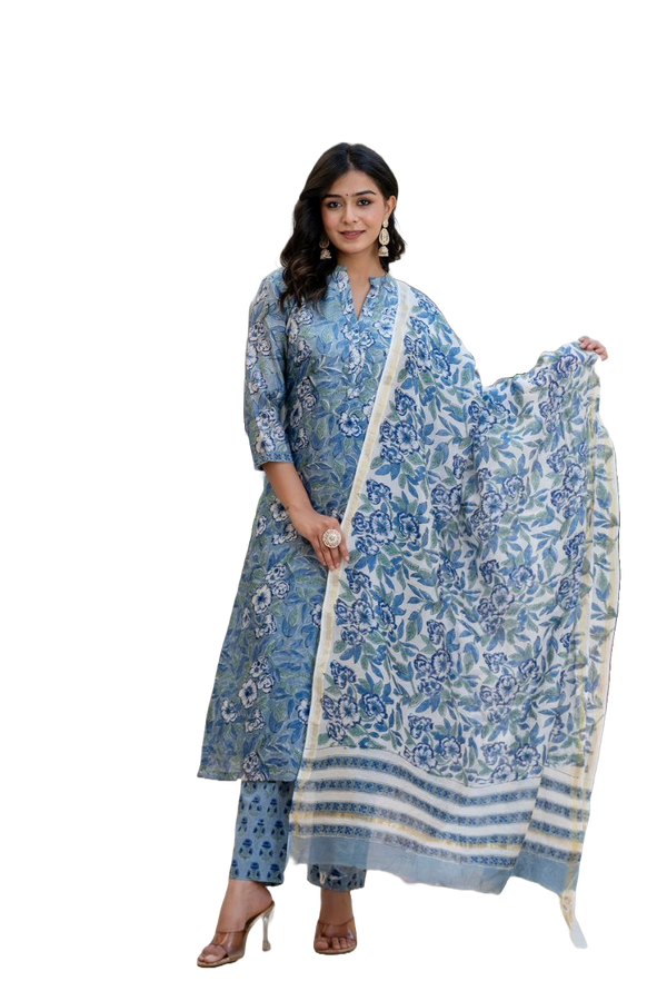 NOZ2TOZ Women's Floral Printed Knee Length Rayon Kurti And Pant Set With Printed Dupatta - Sky - Distacart