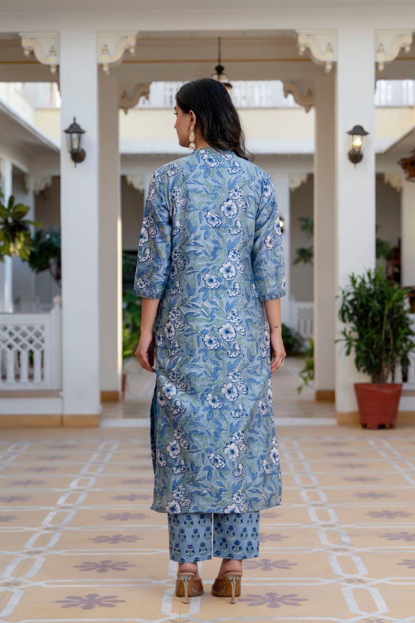 NOZ2TOZ Women's Floral Printed Knee Length Rayon Kurti And Pant Set With Printed Dupatta - Sky - Distacart