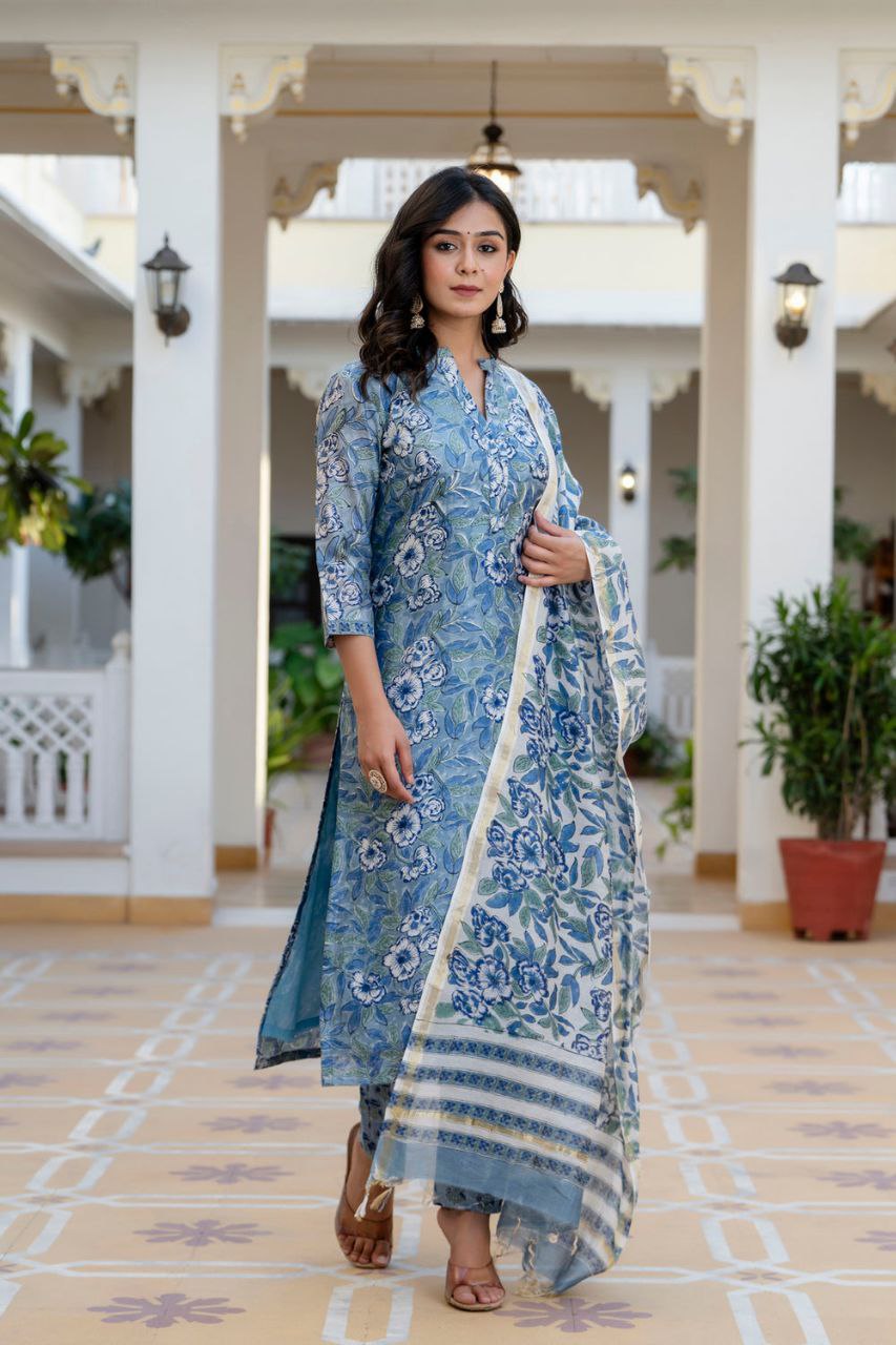 NOZ2TOZ Women's Floral Printed Knee Length Rayon Kurti And Pant Set With Printed Dupatta - Sky - Distacart