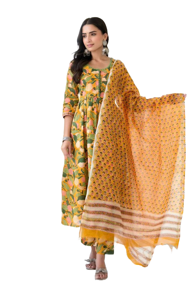 NOZ2TOZ Women Floral Printed Knee Length Flared Kurti And Pant Set With Printed Cotton Dupatta - Yellow - Distacart