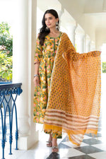 Thumbnail for NOZ2TOZ Women Floral Printed Knee Length Flared Kurti And Pant Set With Printed Cotton Dupatta - Yellow - Distacart