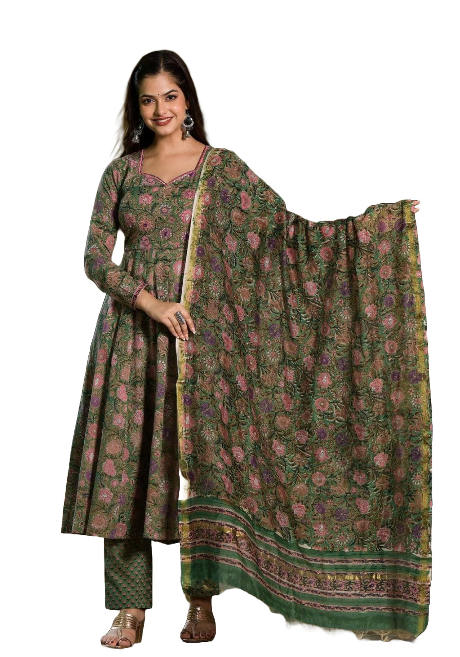 NOZ2TOZ Women's Floral Printed Knee Length Flared Rayon Kurti And Pant Set With Printed Dupatta - Green - Distacart