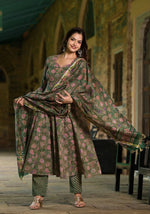 Thumbnail for NOZ2TOZ Women's Floral Printed Knee Length Flared Rayon Kurti And Pant Set With Printed Dupatta - Green - Distacart