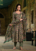 Thumbnail for NOZ2TOZ Women's Floral Printed Knee Length Flared Rayon Kurti And Pant Set With Printed Dupatta - Green - Distacart