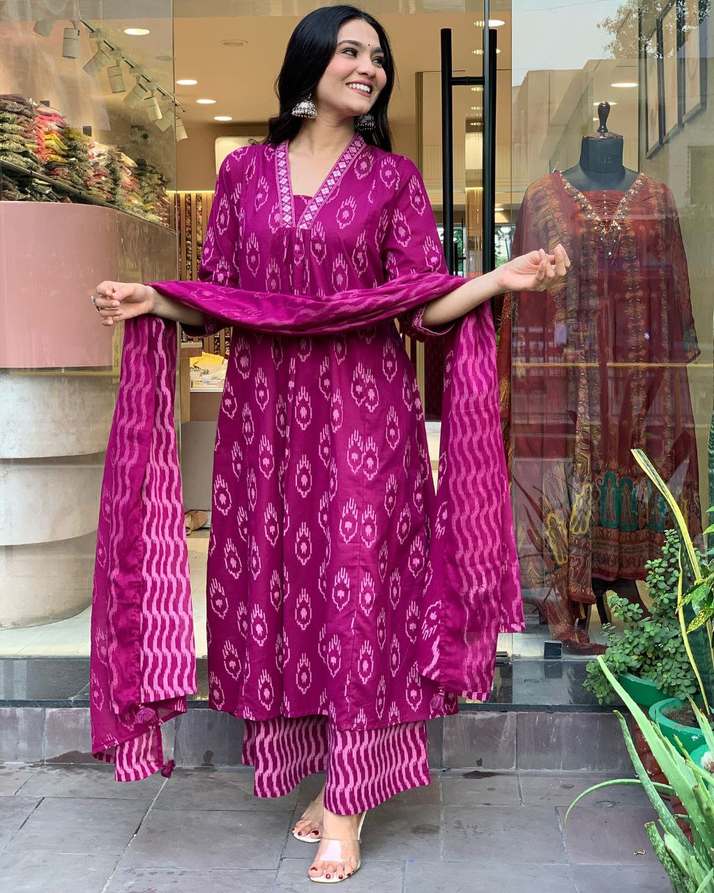 NOZ2TOZ Women's Floral Printed Knee Length Flared Rayon Kurti And Palazzo Set With Printed Cotton Dupatta - Purple - Distacart