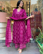 Thumbnail for NOZ2TOZ Women's Floral Printed Knee Length Flared Rayon Kurti And Palazzo Set With Printed Cotton Dupatta - Purple - Distacart