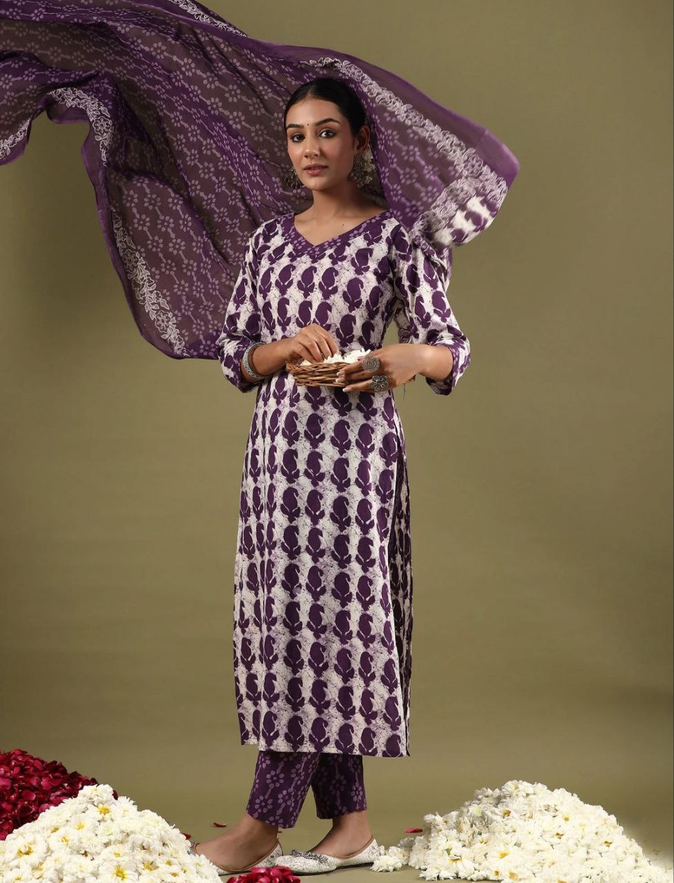 NOZ2TOZ Women's Floral Printed Knee Length 3/4 Sleeves Kurti And Pant Set With Printed Cotton Dupatta - Purple - Distacart