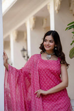 Thumbnail for NOZ2TOZ Women's Bandhni Printed Knee Length Sleeveless Rayon Kurti And Pant Set With Printed Dupatta - Pink - Distacart