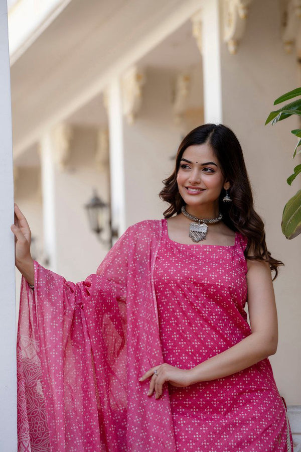 NOZ2TOZ Women's Bandhni Printed Knee Length Sleeveless Rayon Kurti And Pant Set With Printed Dupatta - Pink - Distacart