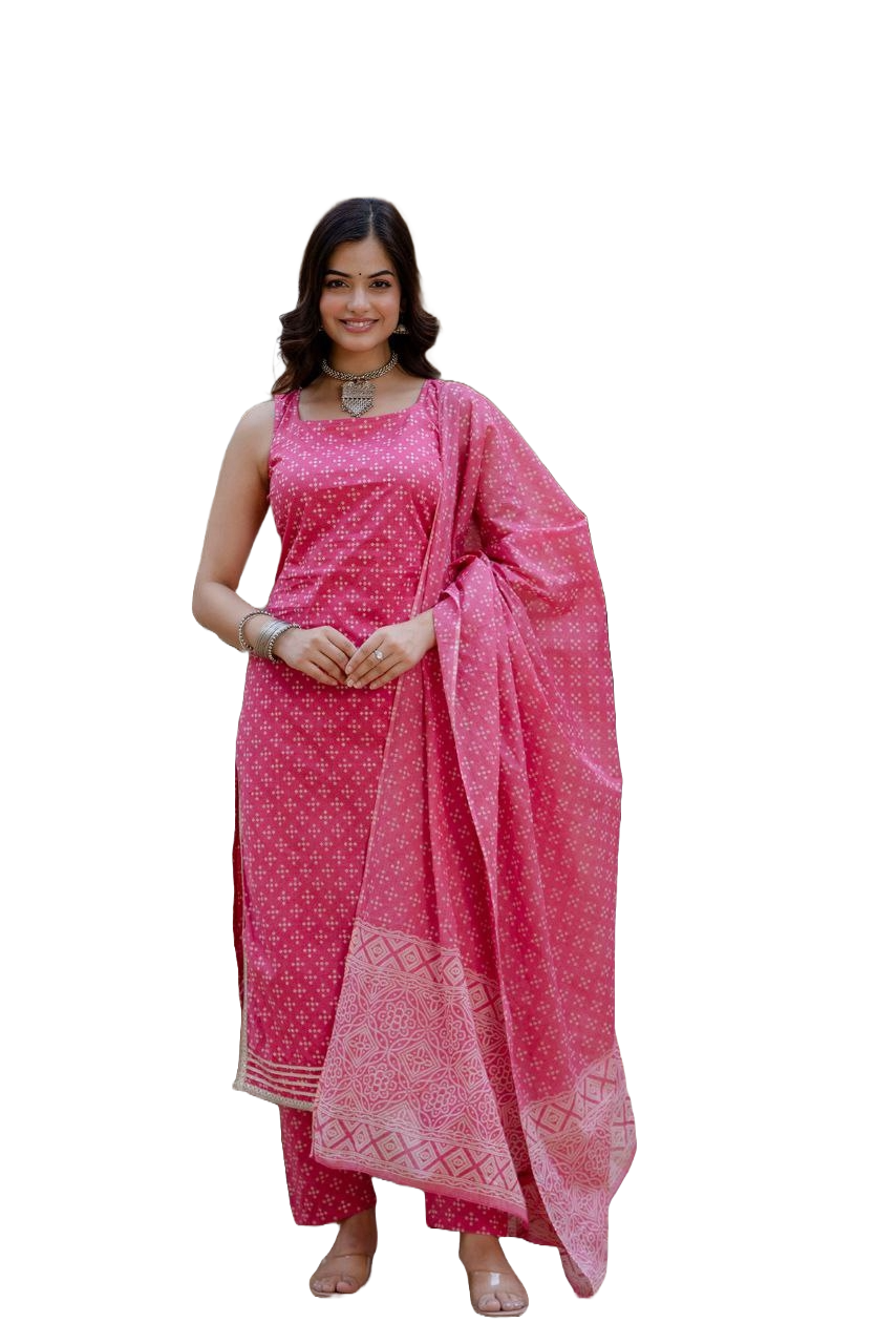 NOZ2TOZ Women's Bandhni Printed Knee Length Sleeveless Rayon Kurti And Pant Set With Printed Dupatta - Pink - Distacart