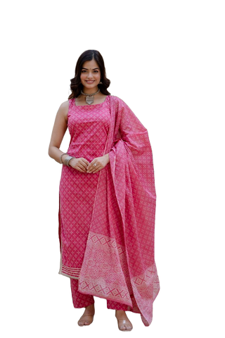 NOZ2TOZ Women's Bandhni Printed Knee Length Sleeveless Rayon Kurti And Pant Set With Printed Dupatta - Pink - Distacart