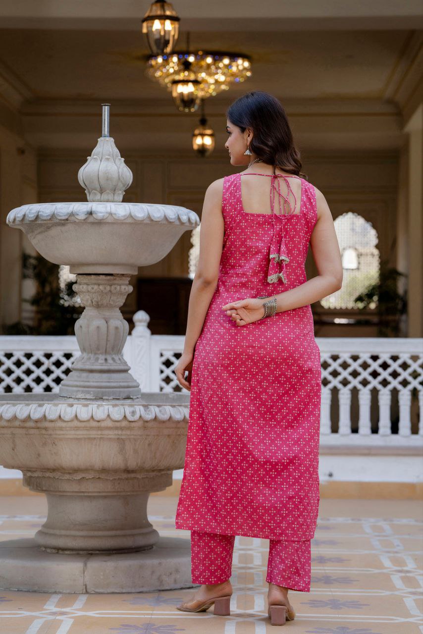 NOZ2TOZ Women's Bandhni Printed Knee Length Sleeveless Rayon Kurti And Pant Set With Printed Dupatta - Pink - Distacart
