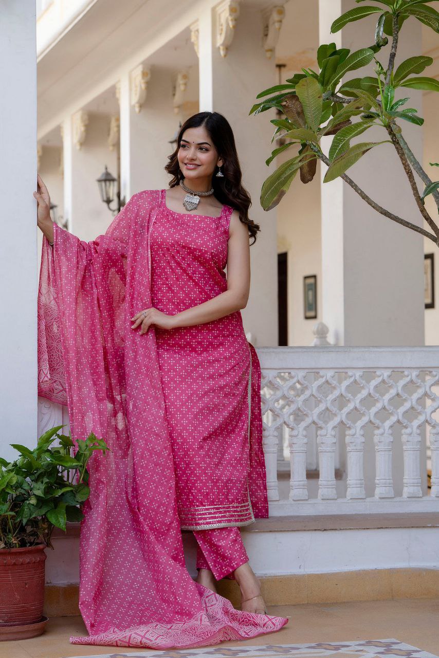 NOZ2TOZ Women's Bandhni Printed Knee Length Sleeveless Rayon Kurti And Pant Set With Printed Dupatta - Pink - Distacart