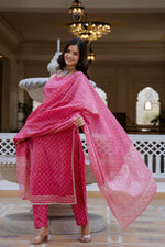 Thumbnail for NOZ2TOZ Women's Bandhni Printed Knee Length Sleeveless Rayon Kurti And Pant Set With Printed Dupatta - Pink - Distacart
