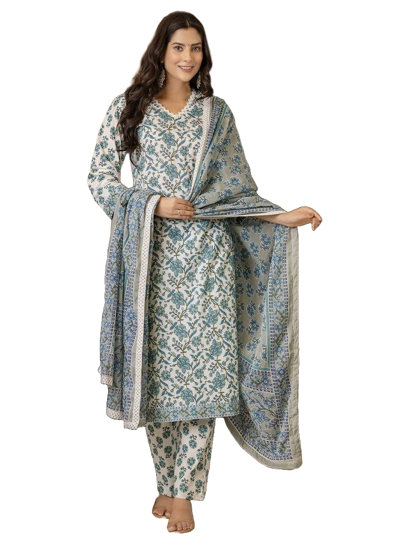 NOZ2TOZ Women's Knee Length Floral Printed Rayon Kurti And Pant Set With Printed Dupatta Set - Blue - Distacart