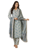 Thumbnail for NOZ2TOZ Women's Knee Length Floral Printed Rayon Kurti And Pant Set With Printed Dupatta Set - Blue - Distacart