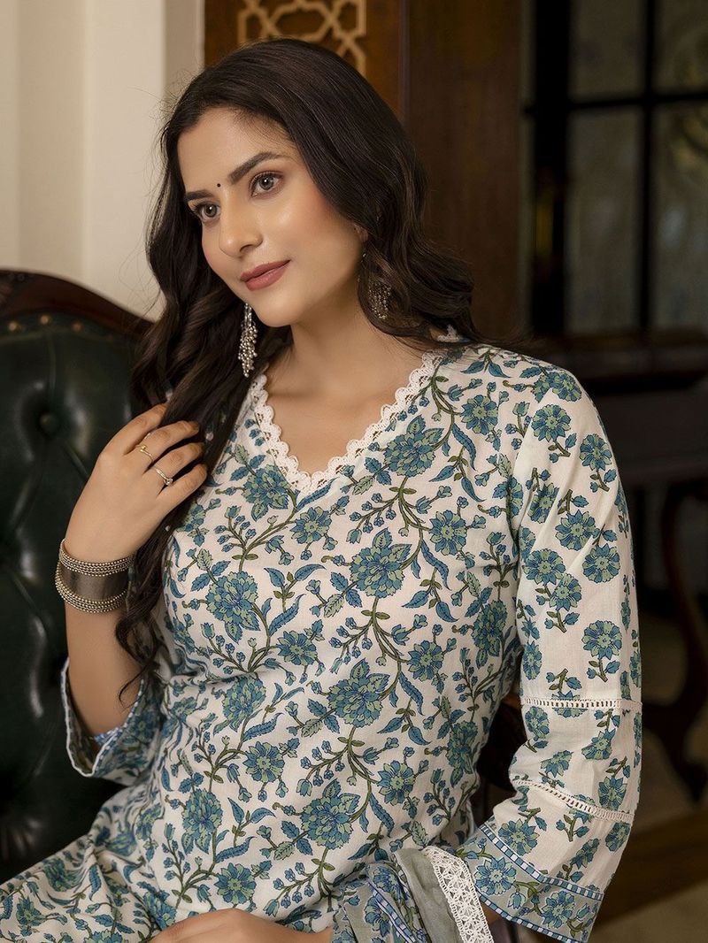 NOZ2TOZ Women's Knee Length Floral Printed Rayon Kurti And Pant Set With Printed Dupatta Set - Blue - Distacart