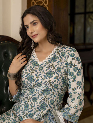 NOZ2TOZ Women's Knee Length Floral Printed Rayon Kurti And Pant Set With Printed Dupatta Set - Blue - Distacart