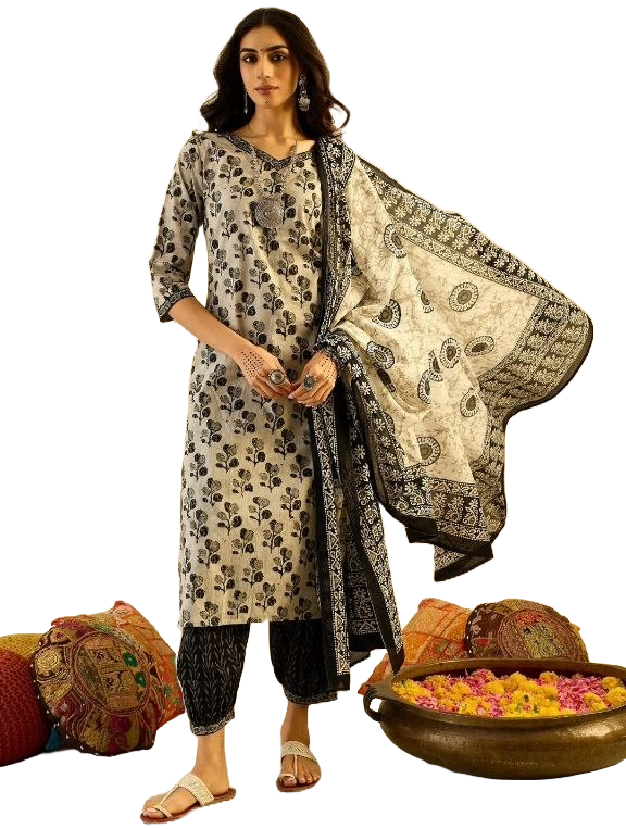 NOZ2TOZ Women's Floral Printed Knee Length V Neck Kurti And Pant Set With Printed Dupatta - Black - Distacart