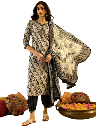 NOZ2TOZ Women's Floral Printed Knee Length V Neck Kurti And Pant Set With Printed Dupatta - Black - Distacart