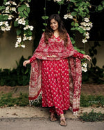 Thumbnail for NOZ2TOZ Women's Floral Printed Knee Length Flared Rayon Kurti And Pant Set With Cotton Printed Dupatta - Red - Distacart