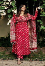 Thumbnail for NOZ2TOZ Women's Floral Printed Knee Length Flared Rayon Kurti And Pant Set With Cotton Printed Dupatta - Red - Distacart