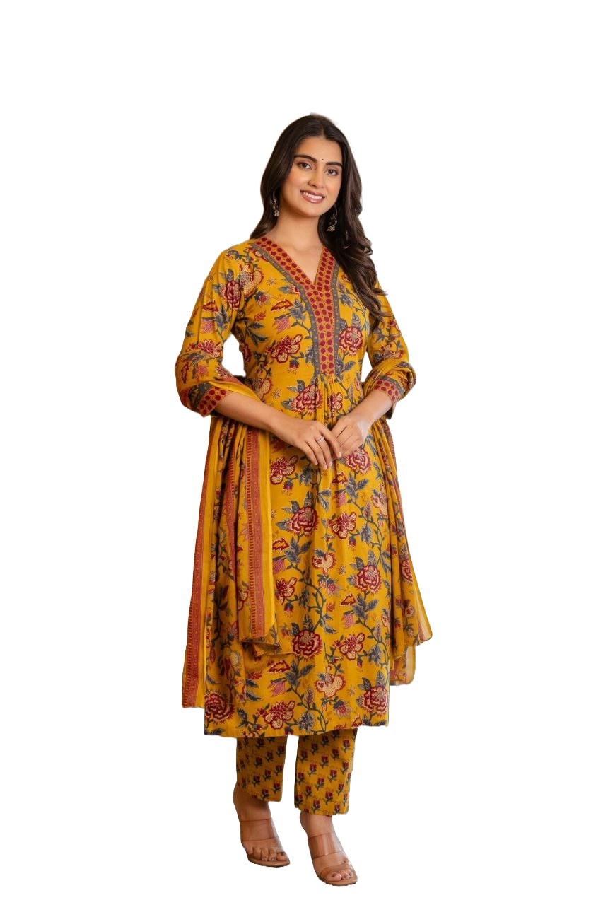 NOZ2TOZ Women Floral Printed Knee Length Printed Rayon Kurti And Pant Set With Printed Dupatta - Mustard - Distacart