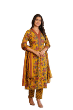 Thumbnail for NOZ2TOZ Women Floral Printed Knee Length Printed Rayon Kurti And Pant Set With Printed Dupatta - Mustard - Distacart