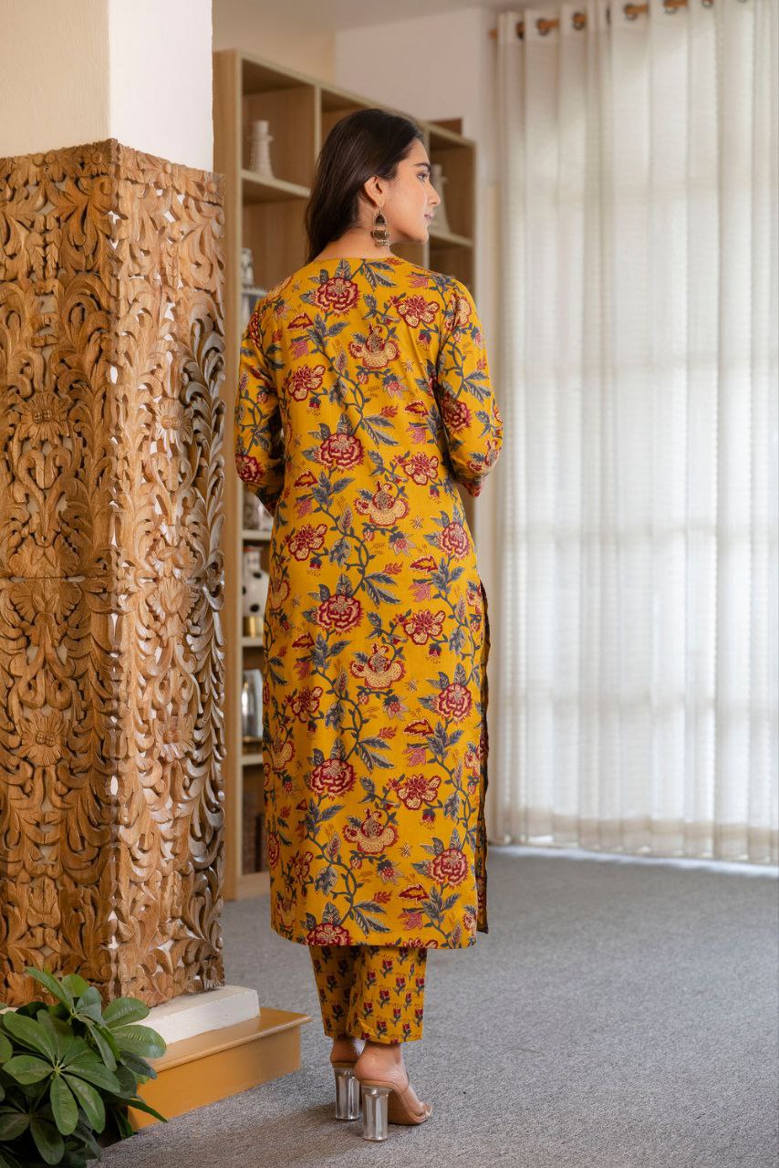 NOZ2TOZ Women Floral Printed Knee Length Printed Rayon Kurti And Pant Set With Printed Dupatta - Mustard - Distacart