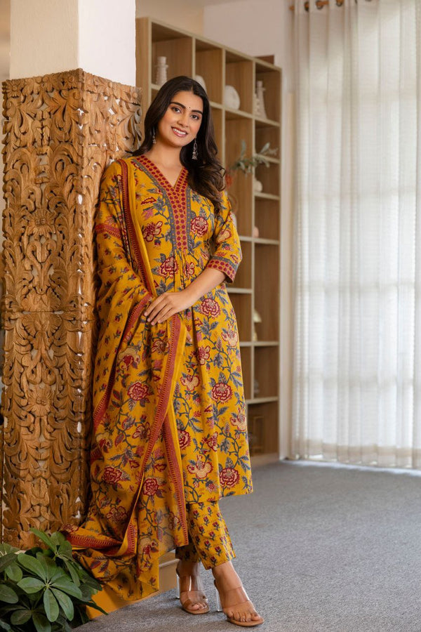 NOZ2TOZ Women Floral Printed Knee Length Printed Rayon Kurti And Pant Set With Printed Dupatta - Mustard - Distacart