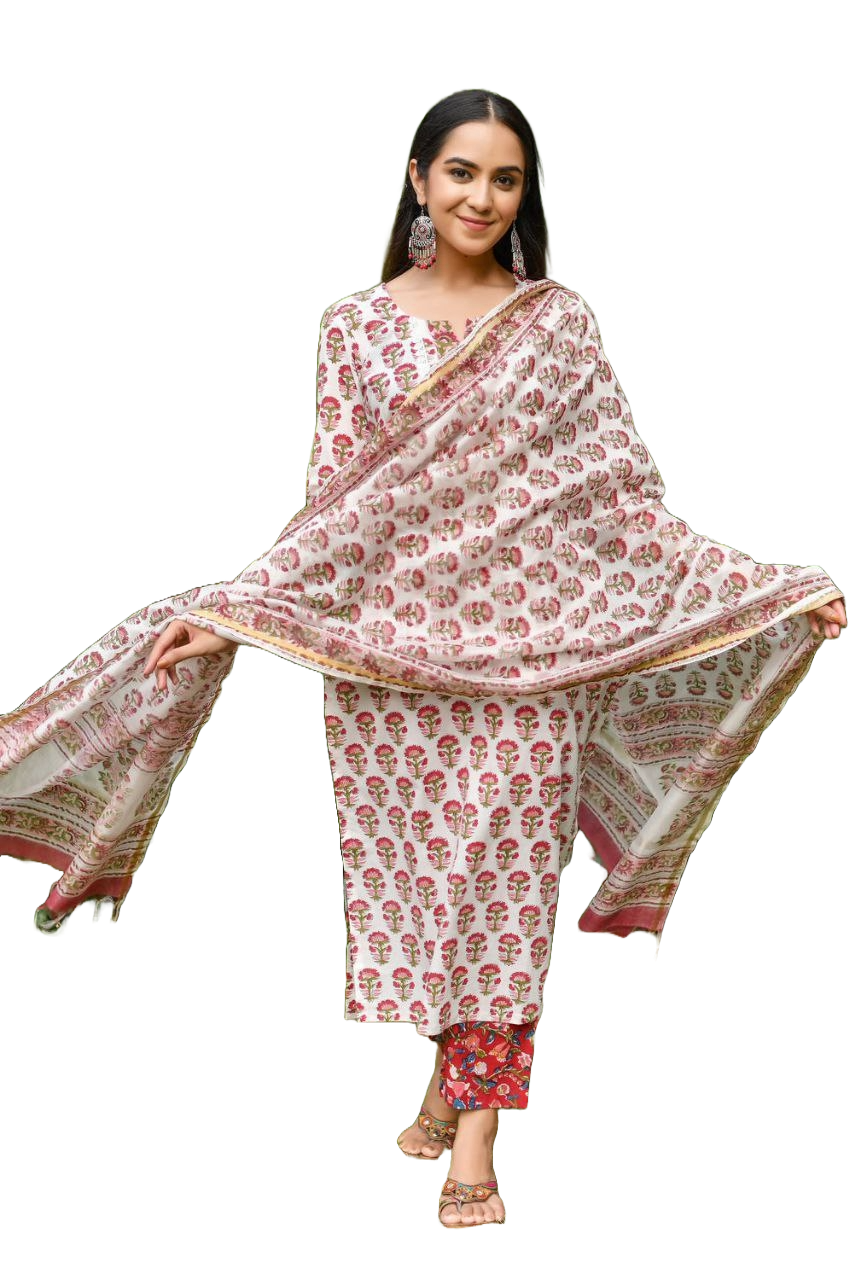 NOZ2TOZ Women's Floral Printed Knee Length V Neck Kurta Set With Dupatta Set - White - Distacart